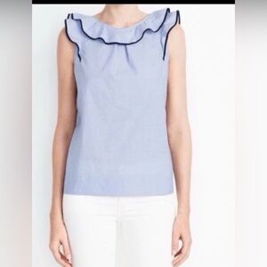 J Crew Womens s14 Ruffle Blouse Cotton Poplin Feminine Nautical Blue 100% cotton